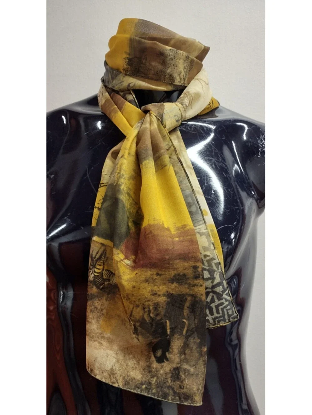 Vintage Mustard Sheer Scarf Safari Wild Animals Zebra Elephant Bohemian African